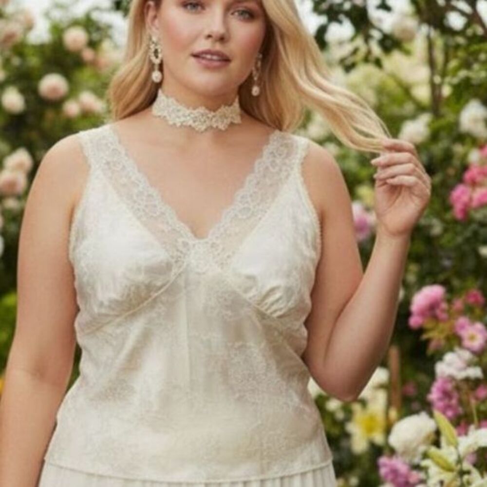 Danbury Vintage Victorian Coquette Babydoll Camisole Womens 1X Cream Jacquard